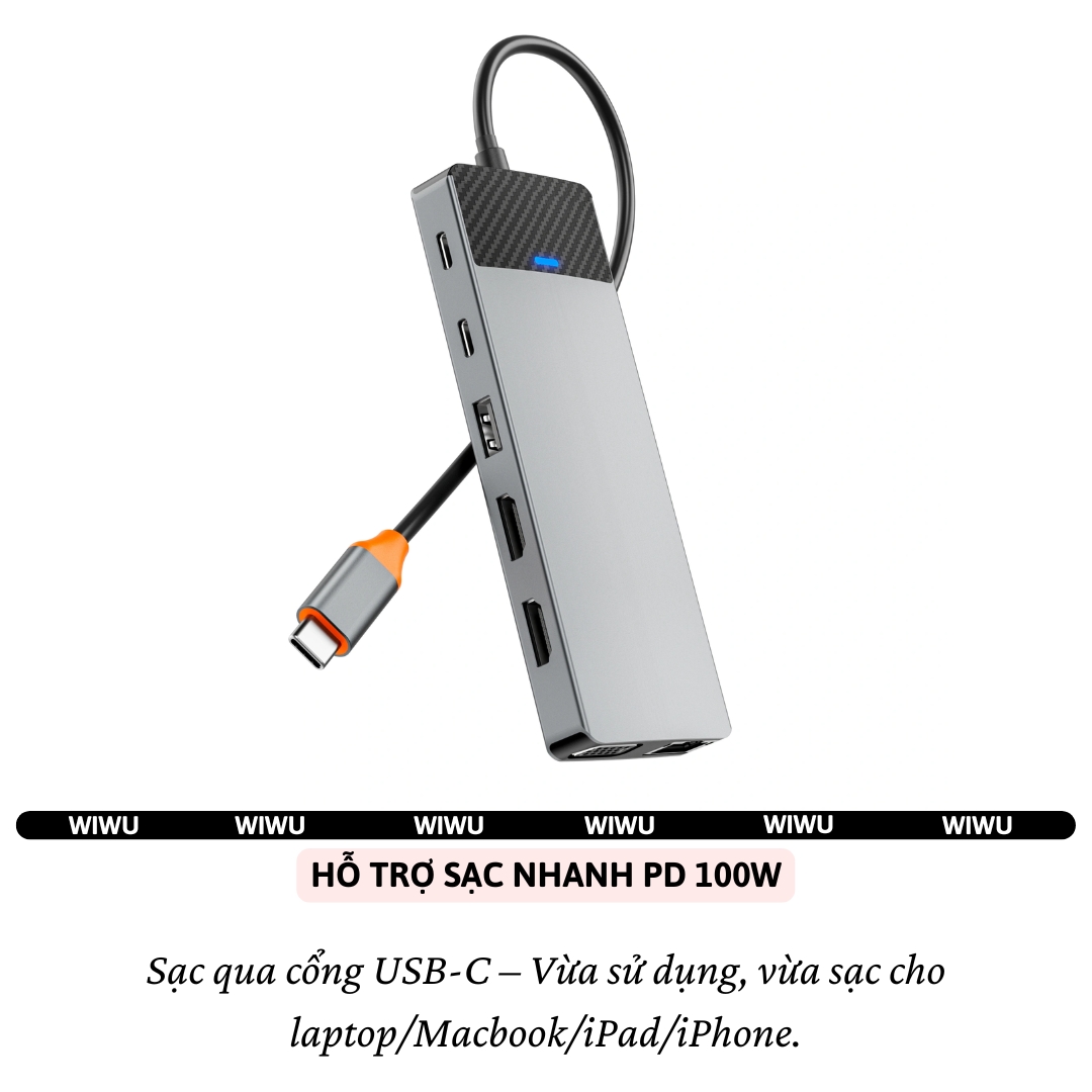 Hub chuyển đổi chia cổng USB-C 12in1 sạc nhanh 100W trang bị USB 3.0 +PD Type-C + Micro SD, SD + HDMI 4K@60Hz, LAN RJ45, VGA hiệu WIWU Linker 12in1 cho Macbook Laptop cho iPhone - Hợp kim nhôm, vừa sạc vừa xuất màn hình và truyền dữ liệu - Hàng nhập khẩu