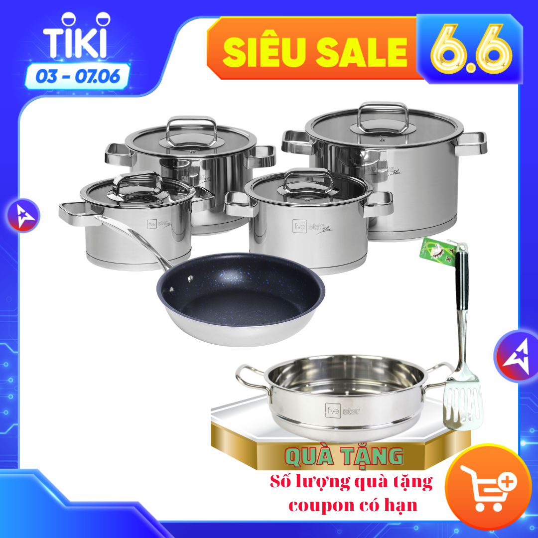 Bộ nồi và chảo chống dính vân đá inox 304 cao cấp Fivestar Plus 5 món nắp kính , tặng 1 vá canh