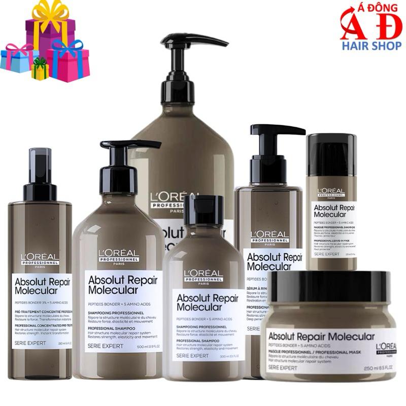 Bộ dầu gội xả Serum hấp ủ L'Oreal ARM Absolute Repair Molecular siêu phục hồi cấp phân tử Peptides (xám)