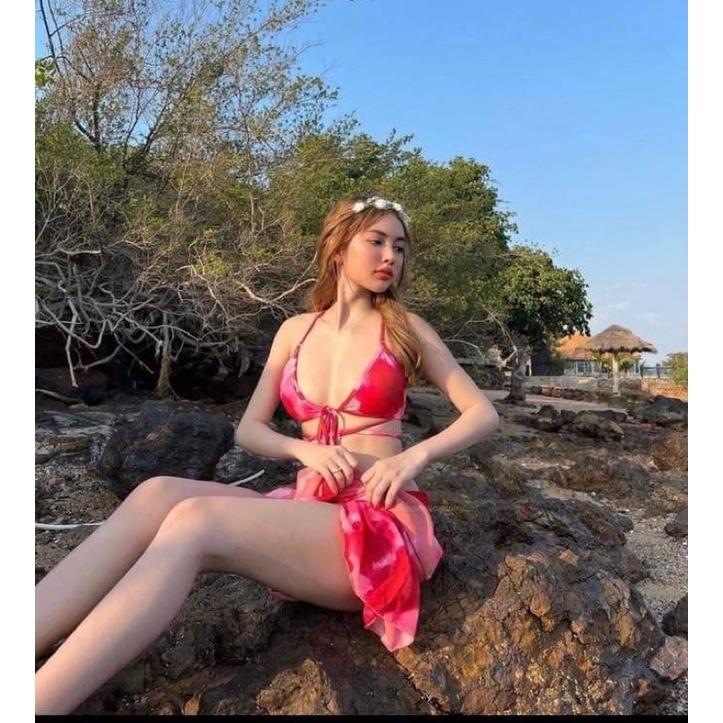 Bikini,set 3 món loang đỏ kèm khăn voan cao cấp ảnh thật kèm Feedback