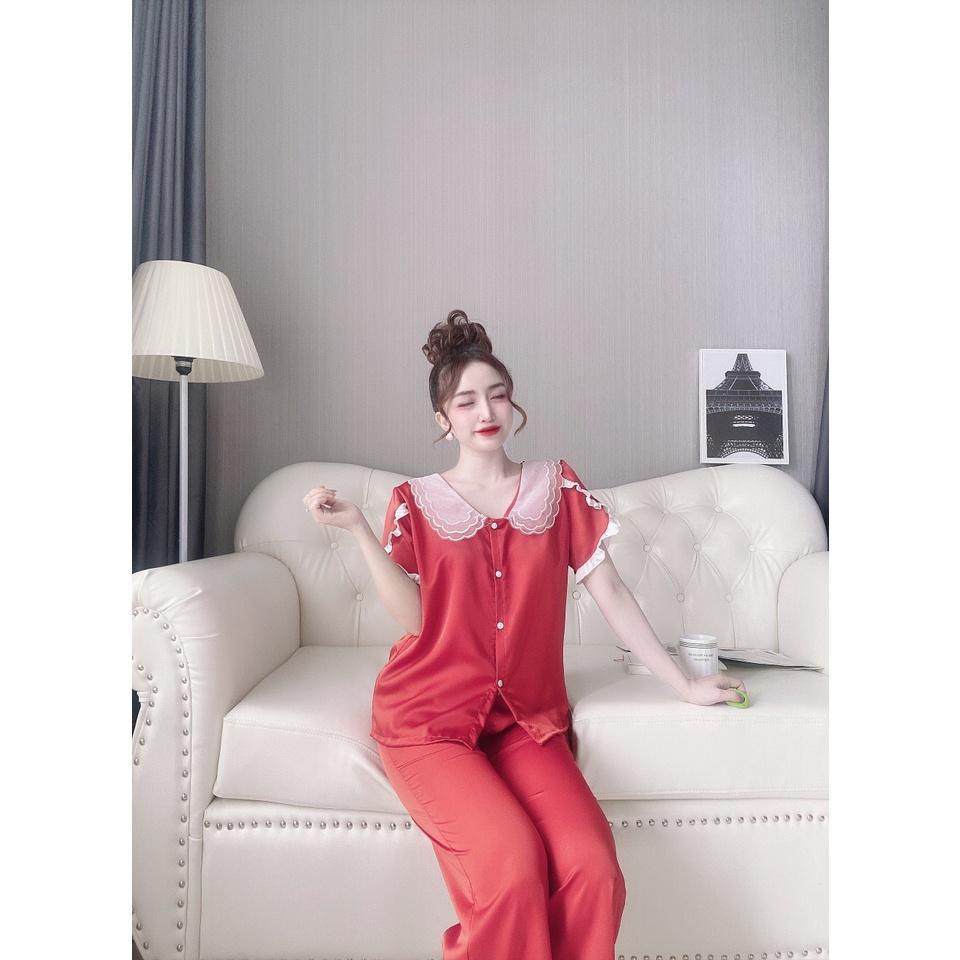 Đồ bộ lụa satin cai cấp cổ 3 lá phối ren tay ngắn quần dài dễ thương đồ ngủ lụa satin có tay freesize