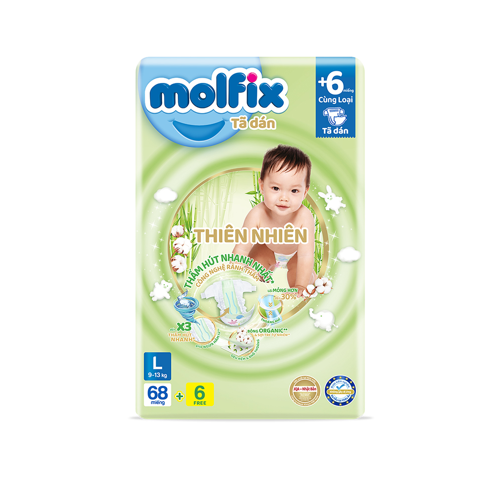 Tã/bỉm dán Molfix Thiên nhiên Super Jumbo L - Gói 68+8 miếng