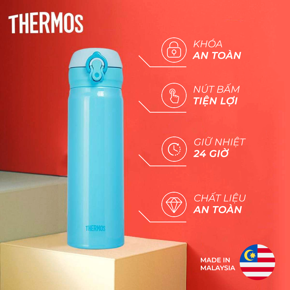 Bình giữ nhiệt Nhật Bản inox Thermos nút bấm 500ml JNL 502 SBR (JNL - 500/2) - Hàng chính hãng