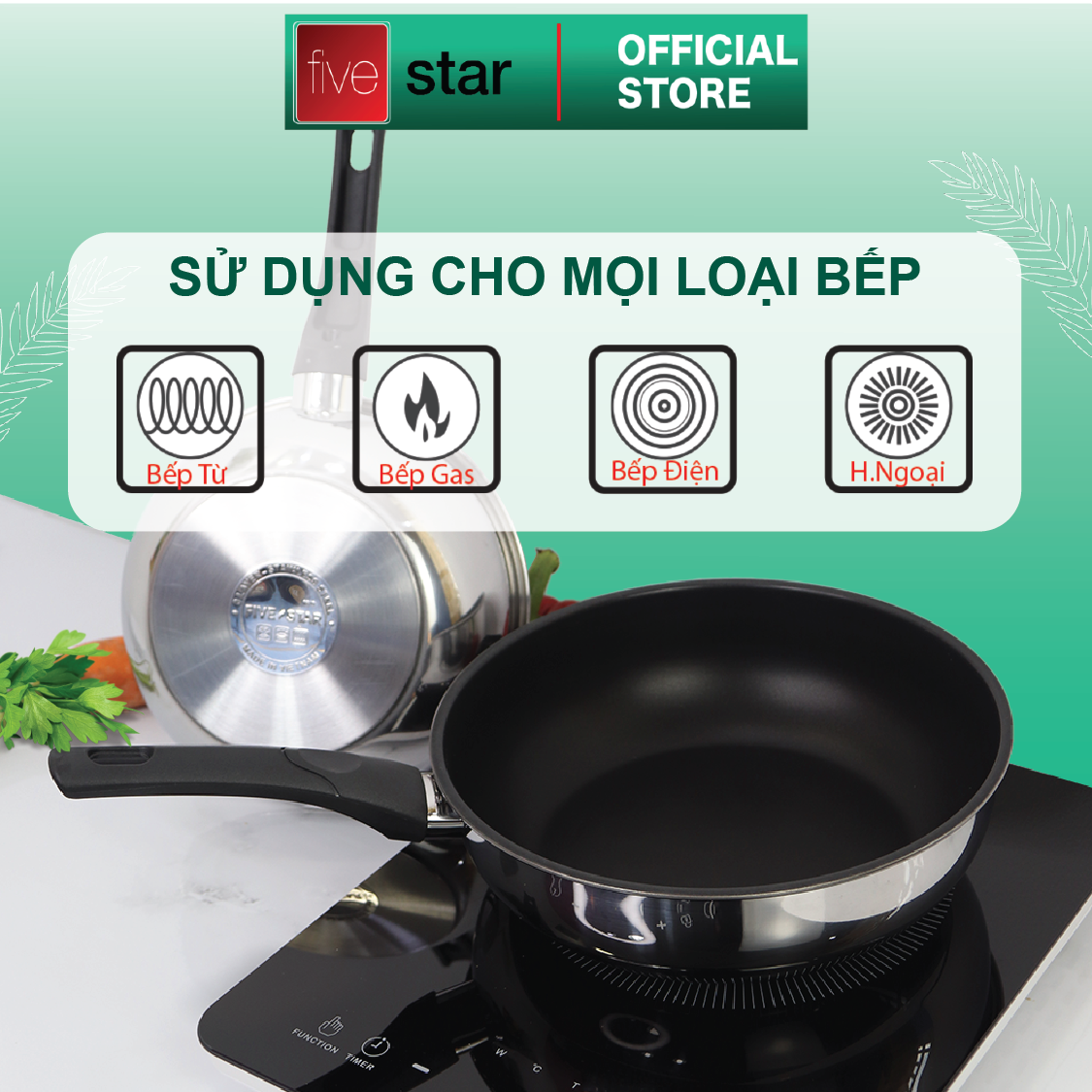 Chảo chống dính bếp từ sâu lòng cao cấp Fivestar 24cm - 26cm - 28cm , tặng 1 sạn dừa