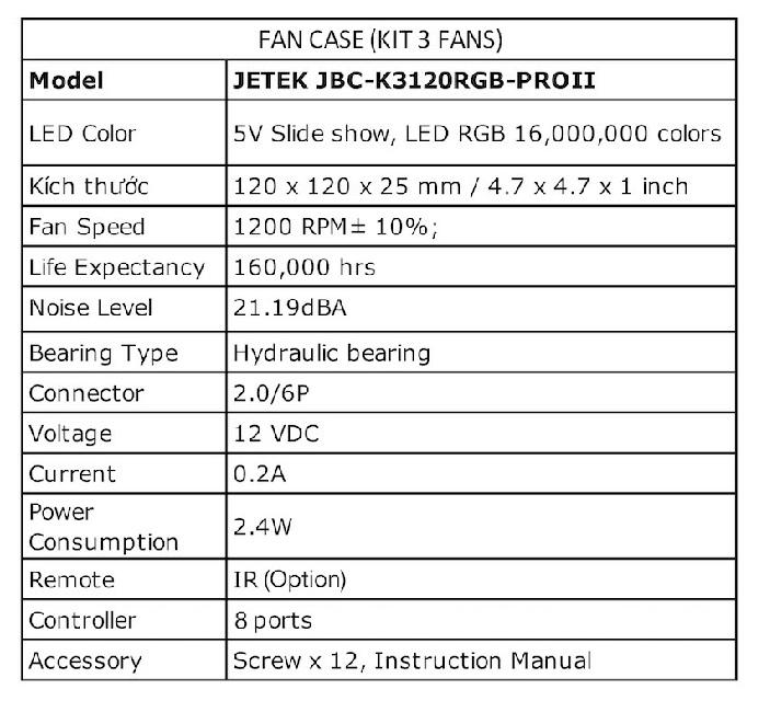 Quạt làm mát JETEK JBC – K312ORGB – PROII - Hàng Chính Hãng