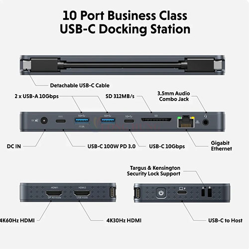 Cổng chuyển đổi HyperDrive Next 10-in-1 USB-C Business Class HD7001GL - Hàng chính hãng