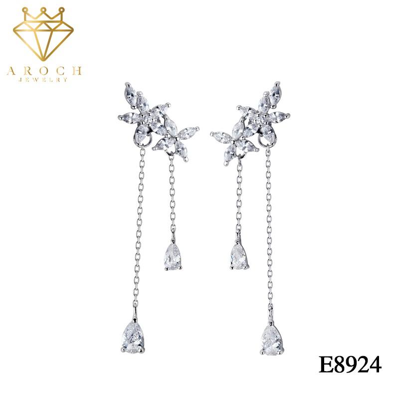 Khuyên tai bạc Ý s925 hoa đá thả dài E8924 - AROCH Jewelry
