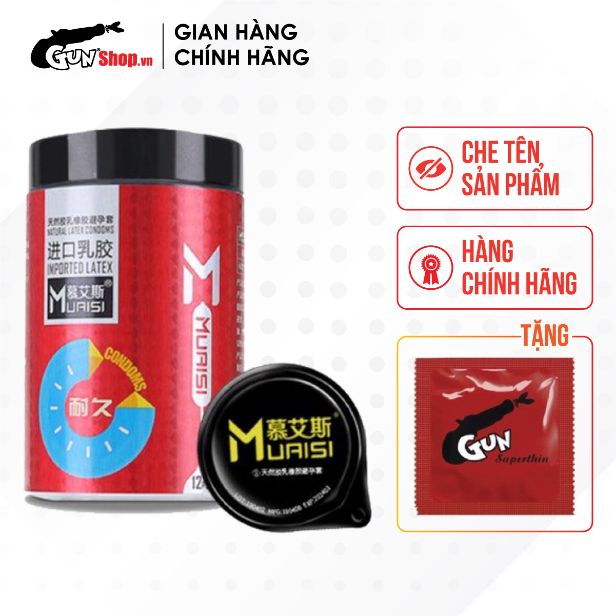 Bao cao su Muaisi Imported Latex Red - Kéo dài thời gian kèm 1 chiếc BCS Gun Super Thin