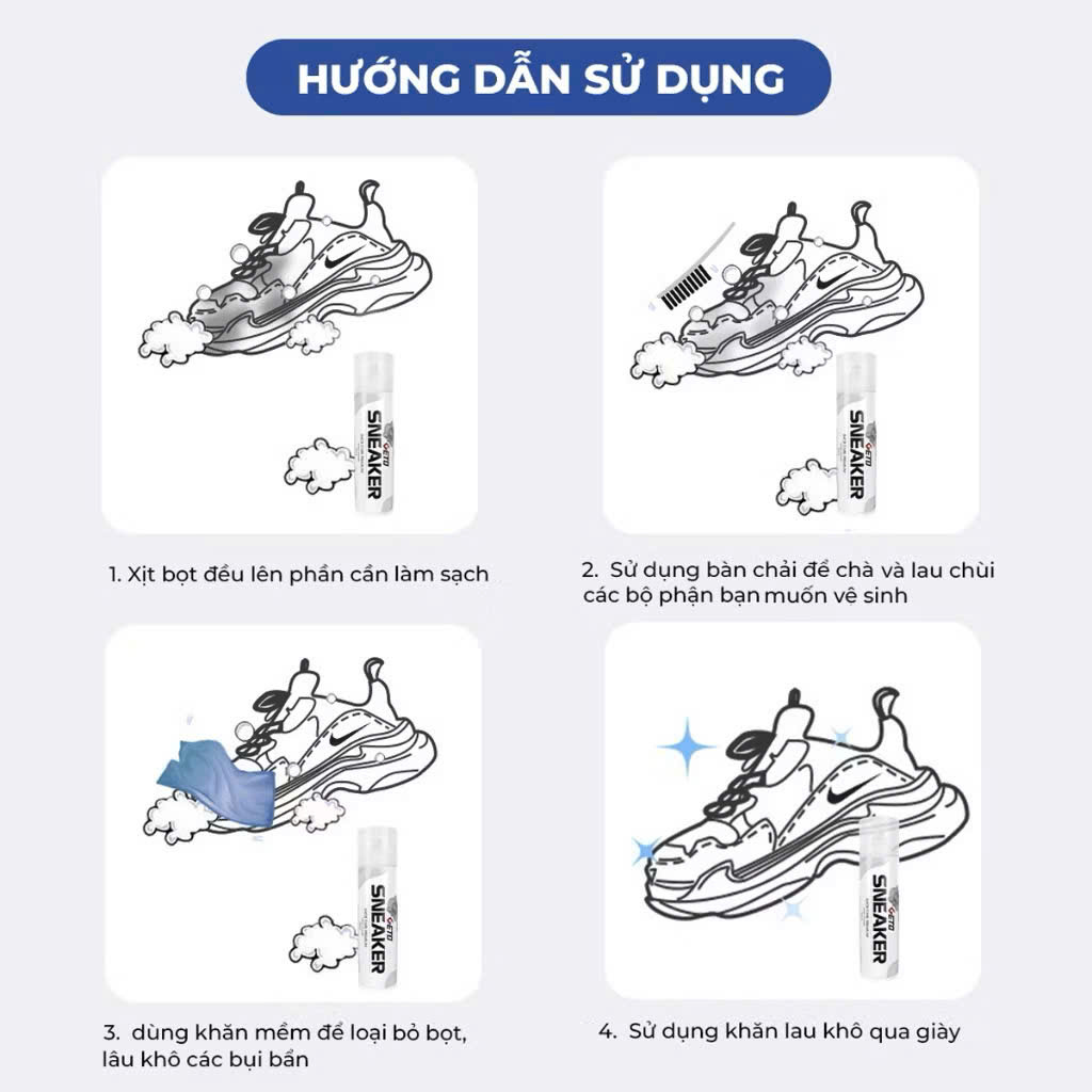 Combo 3 Chai Xịt Tạo Bọt Vệ Sinh Giày, Dép và Túi Xách, Bình Xịt Làm Sạch Trắng Giày