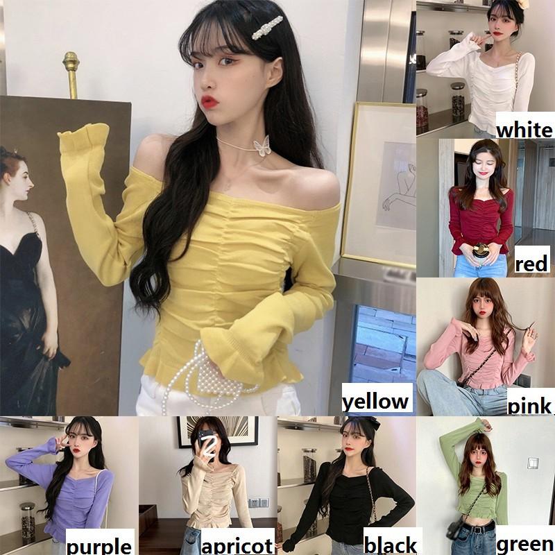 Áo Dệt Kim Tay Dài Cổ Vuông Màu Trơn Thanh Lịch