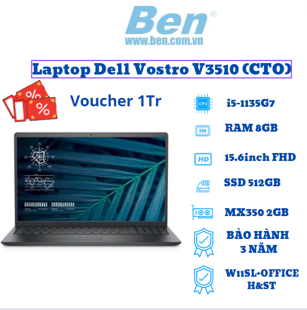 Máy tính Laptop Dell Vostro V3510 / Black/ i5-1135G7/ Ram 8GB/ 512GB SSD/ Nvidia MX350 2GB GDDR5/ 15.6inch FHD/ Win 11H + OFFICE H&ST 21/ 1Yr - hàng chính hãng
