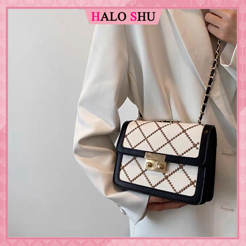 Túi xách nữ, túi đeo chéo dây phối xích, họa tiết thêu trám cao cấp HALO SHU mã DC003