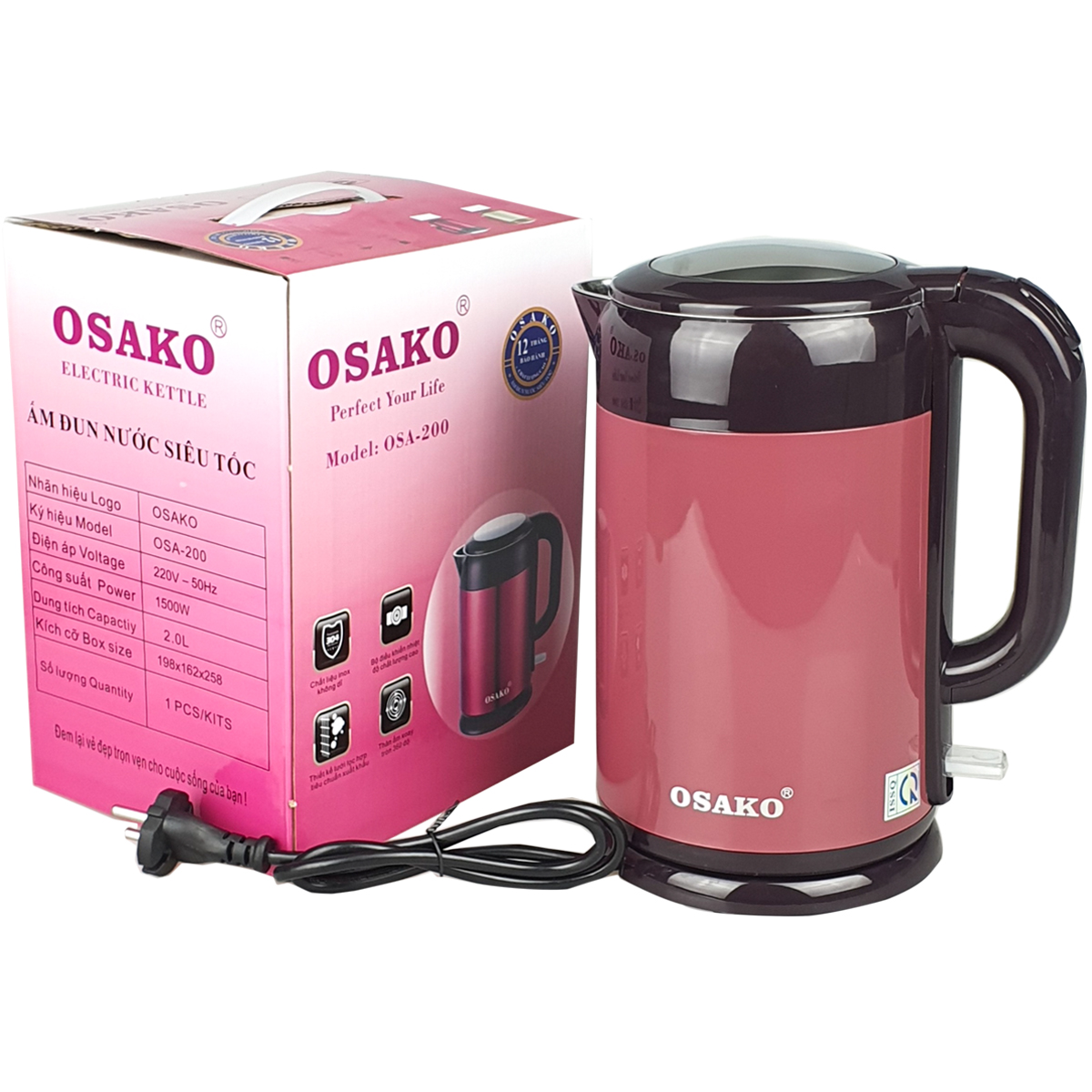 Ấm Siêu Tốc 2L Inox 304 Osako OSA-200 2 Lớp Công Suất 1500W Đun Sôi Cực Nhanh Tiết Kiệm Điện -Hàng Chính Hãng
