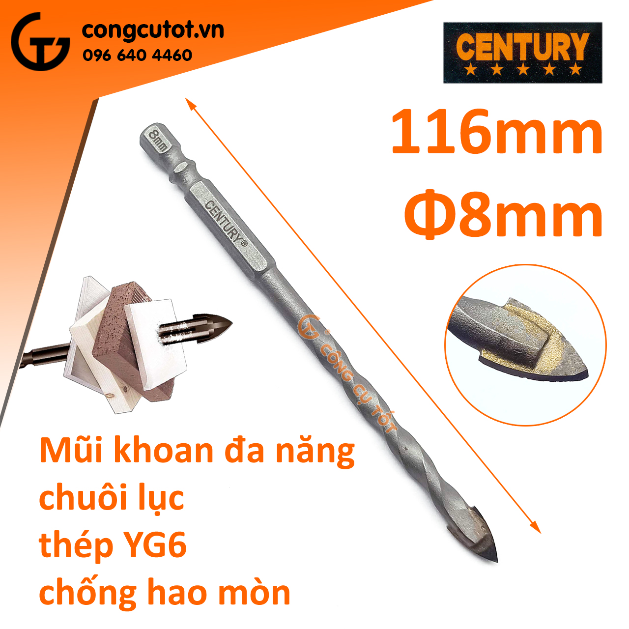 Mũi khoan đa năng chuôi lục Century thép YG6 chống hao mòn 8mm