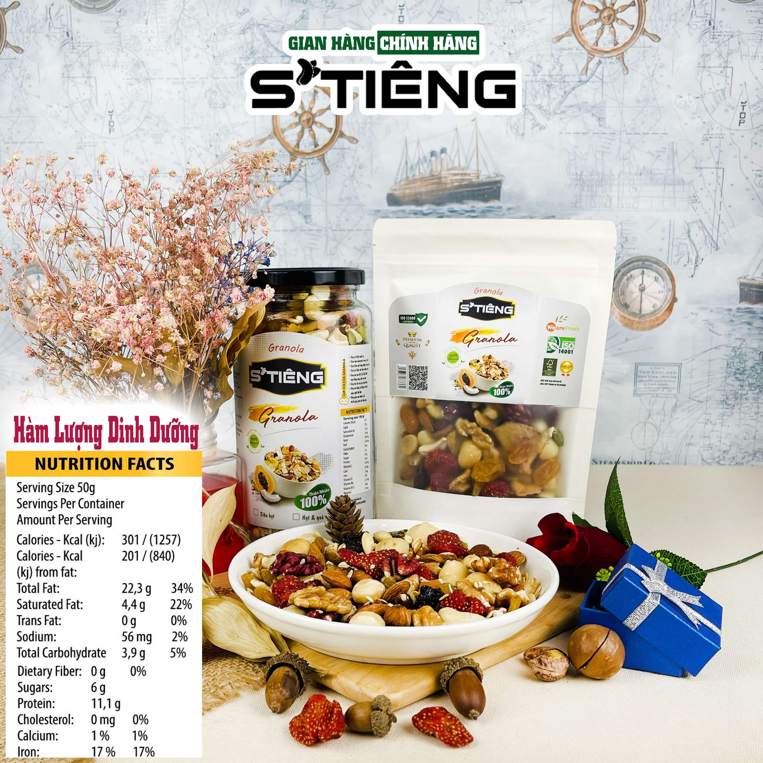 Granola Siêu Hạt &amp; Quả Sấy STIENG, Hạt Dinh Dưỡng Ngủ Cốc Ăn Kiêng Giảm Cân, Hạt Óc Chó, Hạt Macca, Hạt Điều, Hạt Hạnh Nhân, Hạt Bí. Nho Khô