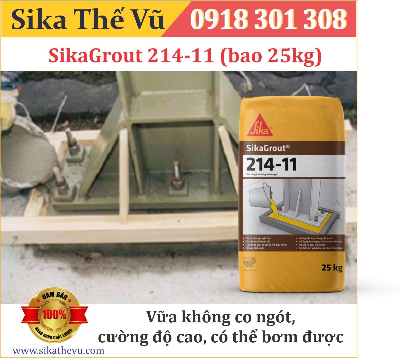 Vữa rót tự san phẳng không co ngót cường độ cao - SikaGrout 214-11 (bao 25kg) 