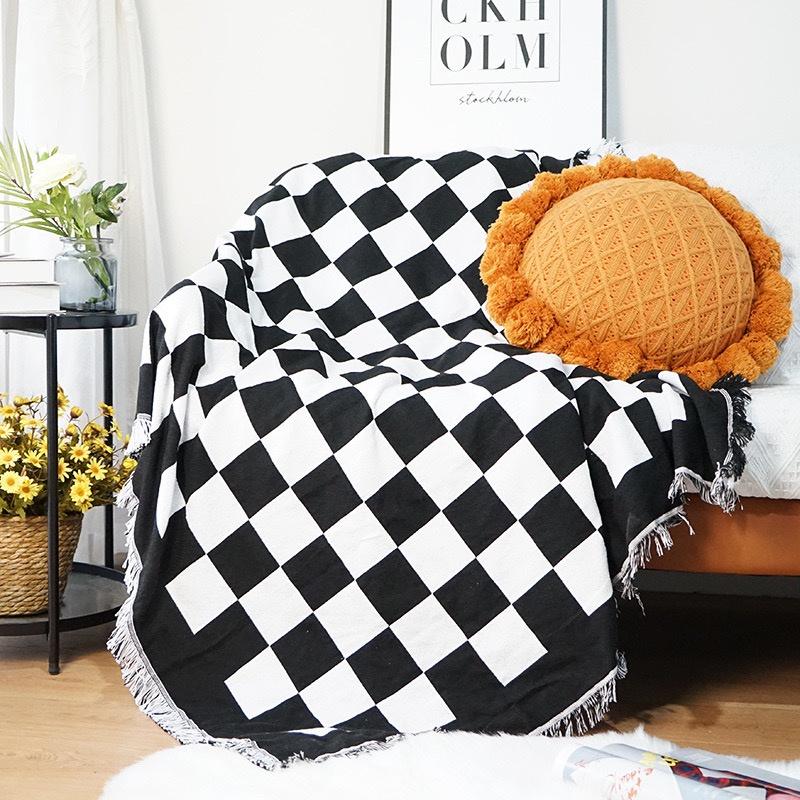 Khăn Thảm Phủ Sofa Caro Đen Trắng chống bụi bẩn, Mền đắp thư giãn, Thảm Sofa Phòng Khách