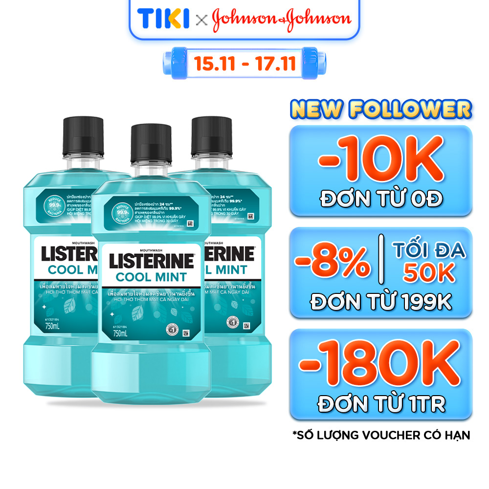 Combo 3 Nước Súc Miệng Giữ Hơi Thở Thơm Mát Listerine Coolmint 750ml