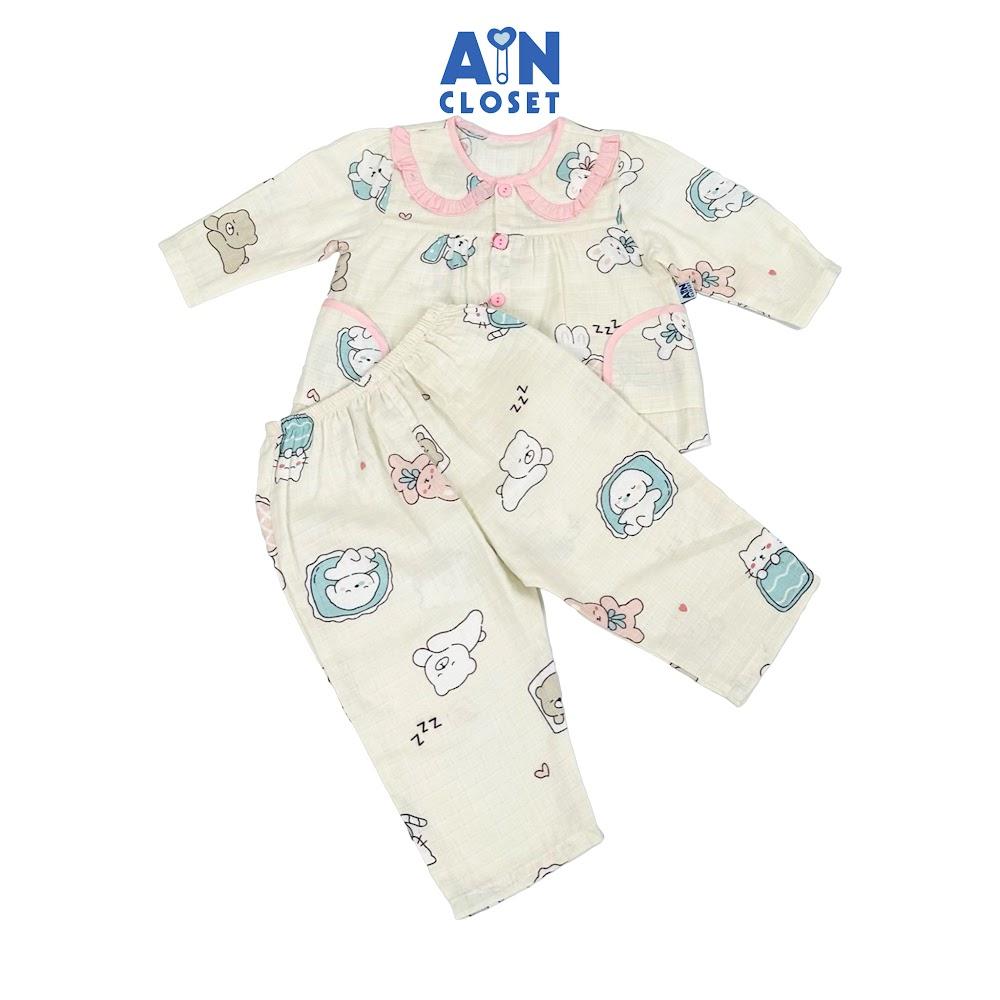 Bộ quần áo Dài bé gái họa tiết Động Vật Ngủ nền hồng xô sợi tre - AICDBGBMW402 - AIN Closet