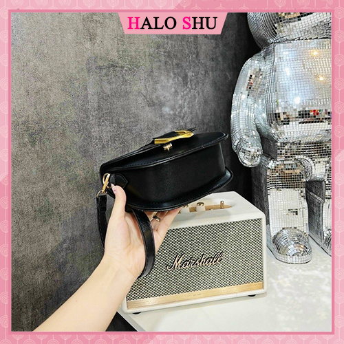 Túi xách nữ, túi đeo chéo dáng bầu da trơn móc hình móng ngựa phù hợp đi chơi Halo Shu size 18 mã MN001 đen, nâu, trắng