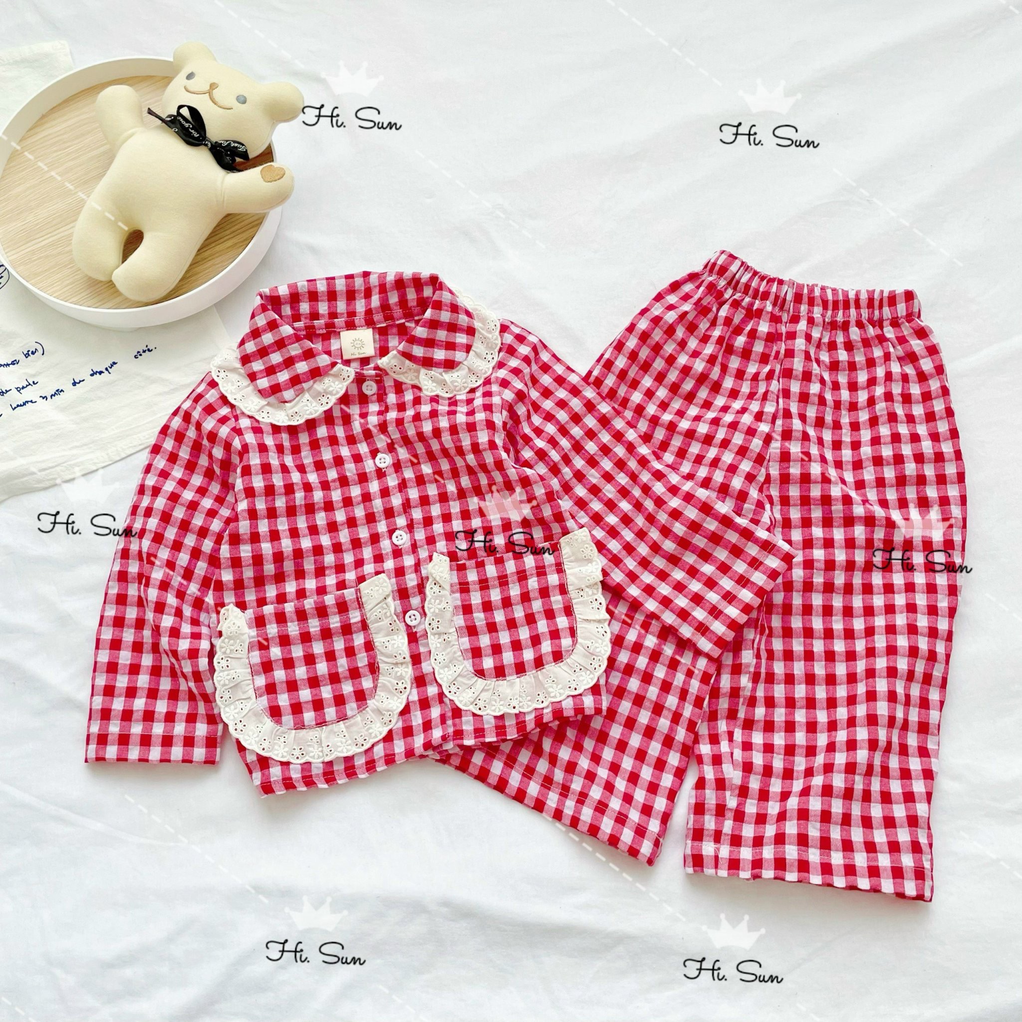 (11-40kg) Bộ ngủ bé gái Pijama cute kẻ caro