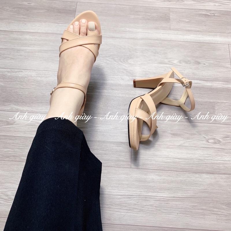 SD15 - Sandal quai chéo da lì đúp đế gót trụ mảnh 9p VNXK cực chắc chân phù hợp đi làm , dự tiệc