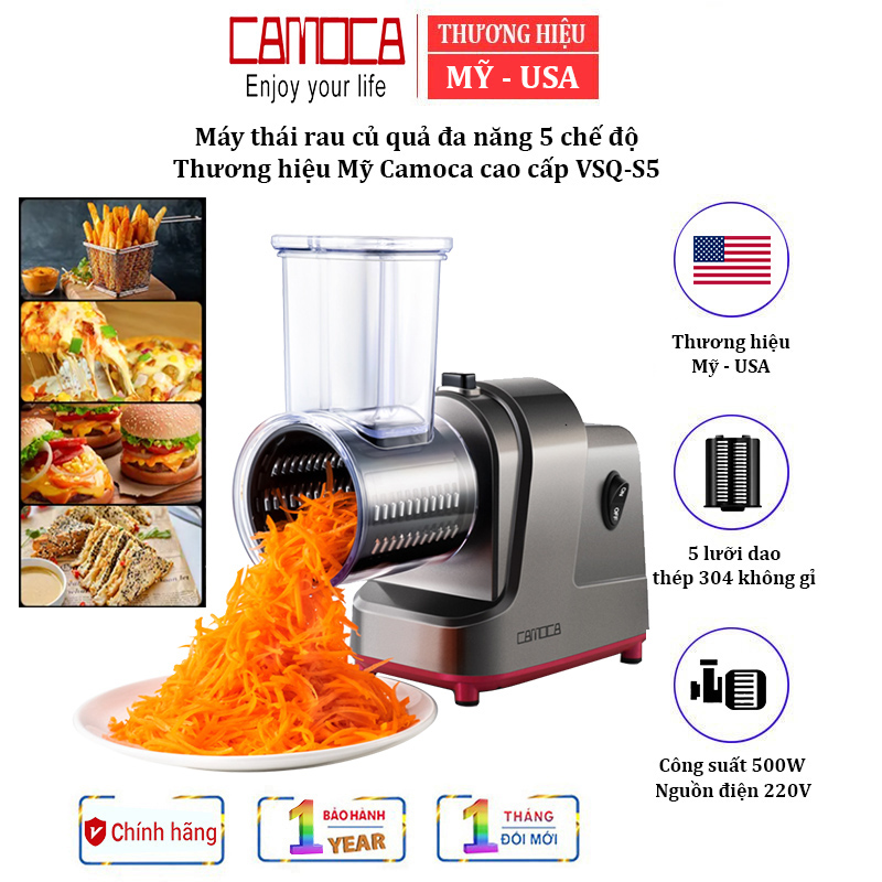 Máy thái rau củ quả đa năng Camoca cao cấp VSQ-S5 tích hợp 5 bộ lưỡi dao tương ứng với 5 kiểu thái cắt - BẢO HÀNH 12 THÁNG, HÀNG CHÍNH HÃNG