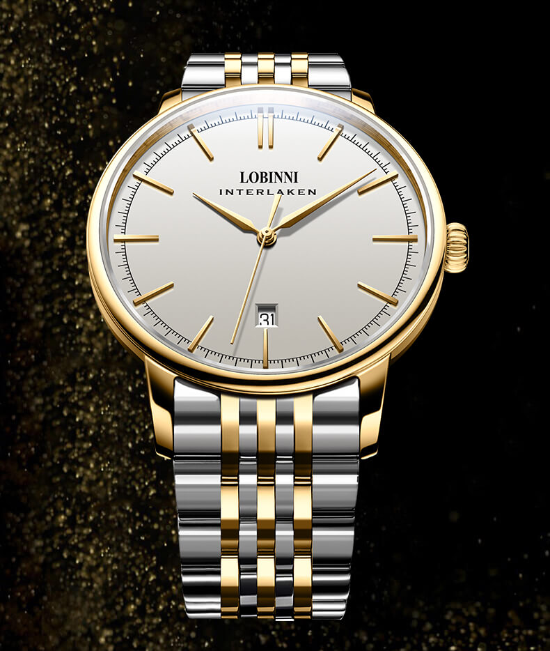 Đồng hồ nam chính hãng LOBINNI L5012-1 Fullbox, Kính sapphire ,chống xước,chống nước,vỏ vàng,mặt trắng,dây kim loại thép không gỉ 316L, máy cơ (Automatic), Mới 100%,Bảo hành 24 tháng
