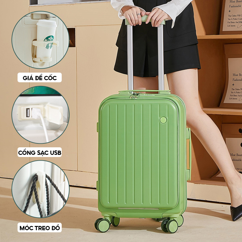Vali du lịch SUNNY LATO vali kéo size 20/24,tích hợp ngăn đựng laptop, khay đựng cốc, móc treo, cổng sạc USB
