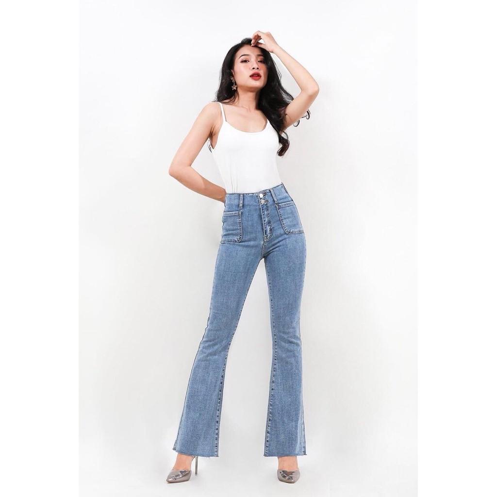 Quần Jeans Nữ ỐNg Loe Dài 2 Nút Không Gấu Co Giãn