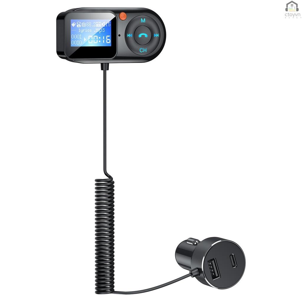 Bộ sạc nhanh BT-T1 BT5.0 không dây PD cổng USB hỗ trợ thẻ nhớ AUX-IN TF MP3 kèm mic cho xe hơi