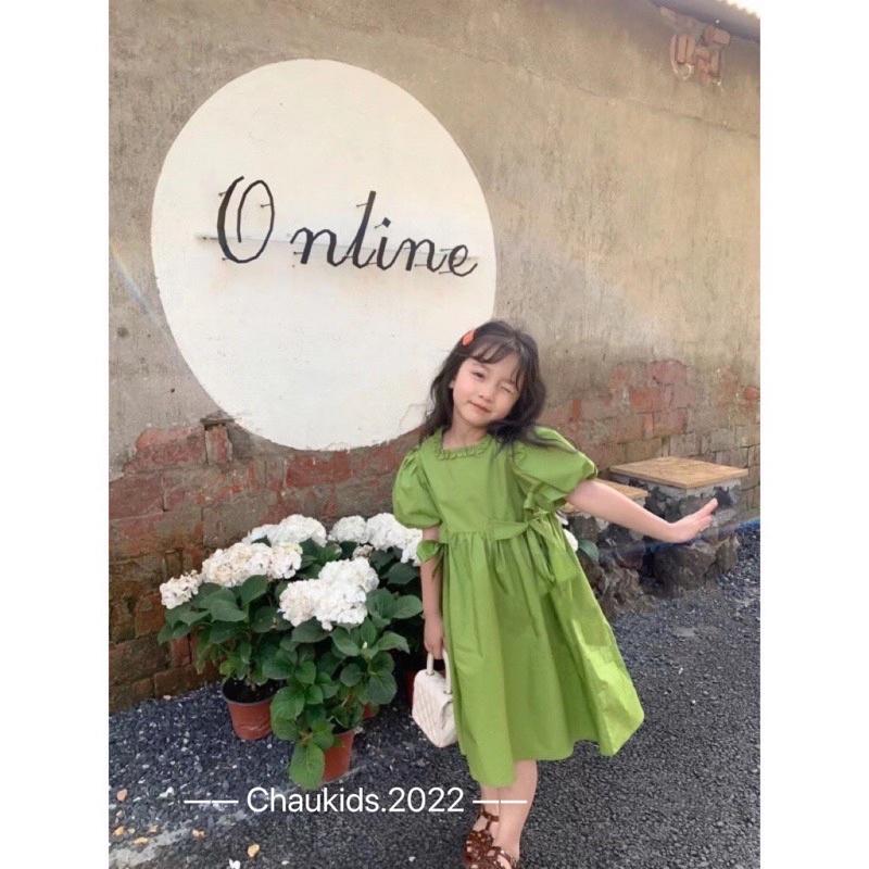 Váy xanh lá nơ buộc eo cổ bèo cho bé gái