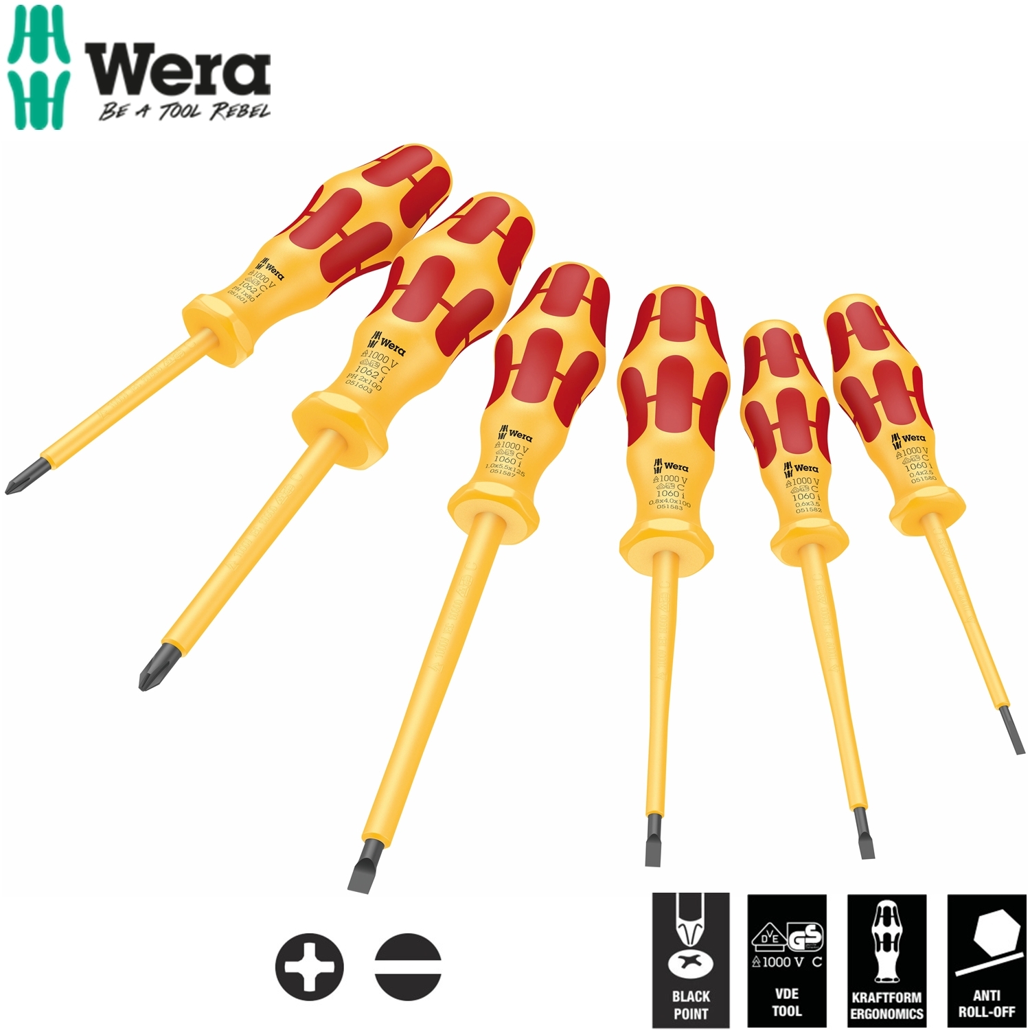 Bộ tua vít cách điện Wera 05051575001 1060 i/1062 i/6 Kraftform VDE screwdriver set gồm 6 cái