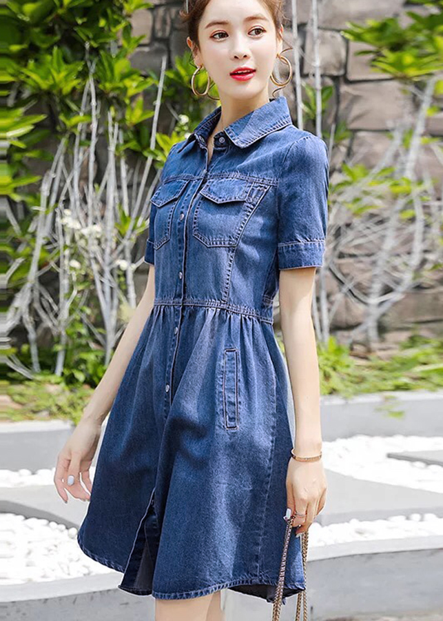 Đầm jean xòe cổ sơ mi eo thun - DT643