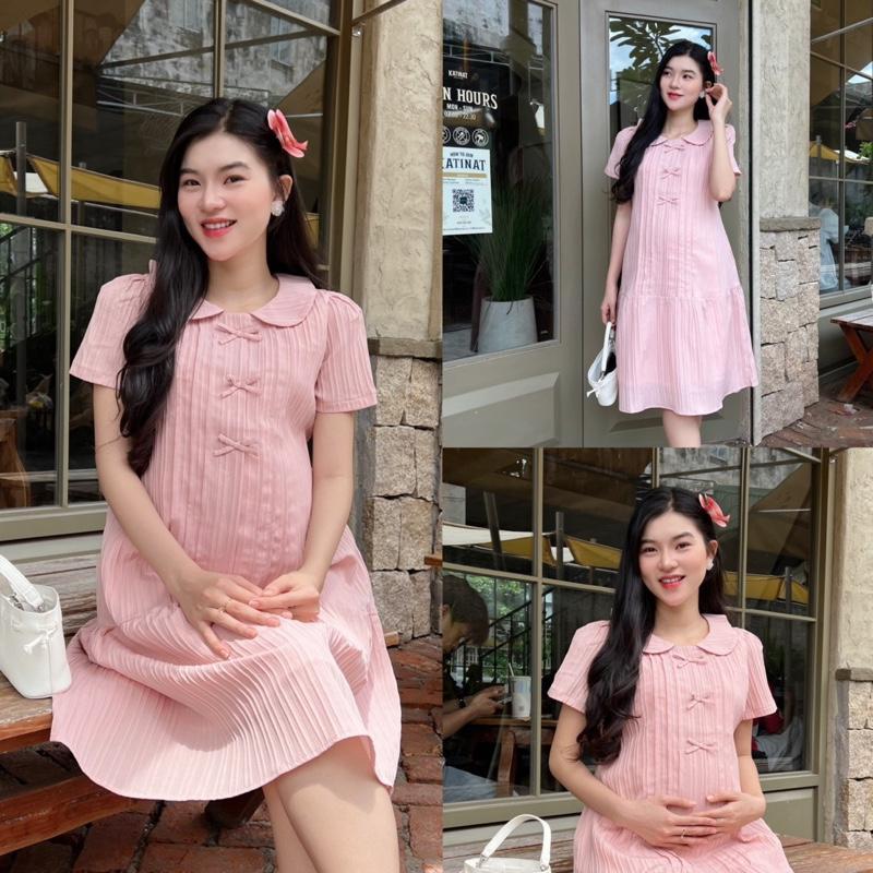 Đầm bầu cổ sen đính nơ dễ thương form đuôi cá gọn dáng, thanh lịch chất xốp Hàn Váy bầu dễ thương - Xanh đen