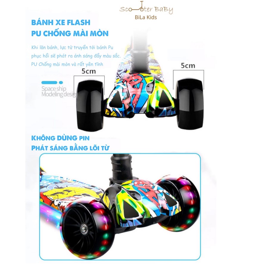 Xe Trượt Scooter 3 Bánh Cho Bé Họa Tiết Graffiti Đẹp Mắt Có Nhạc Bánh PU Phát Sáng Vĩnh Cửu