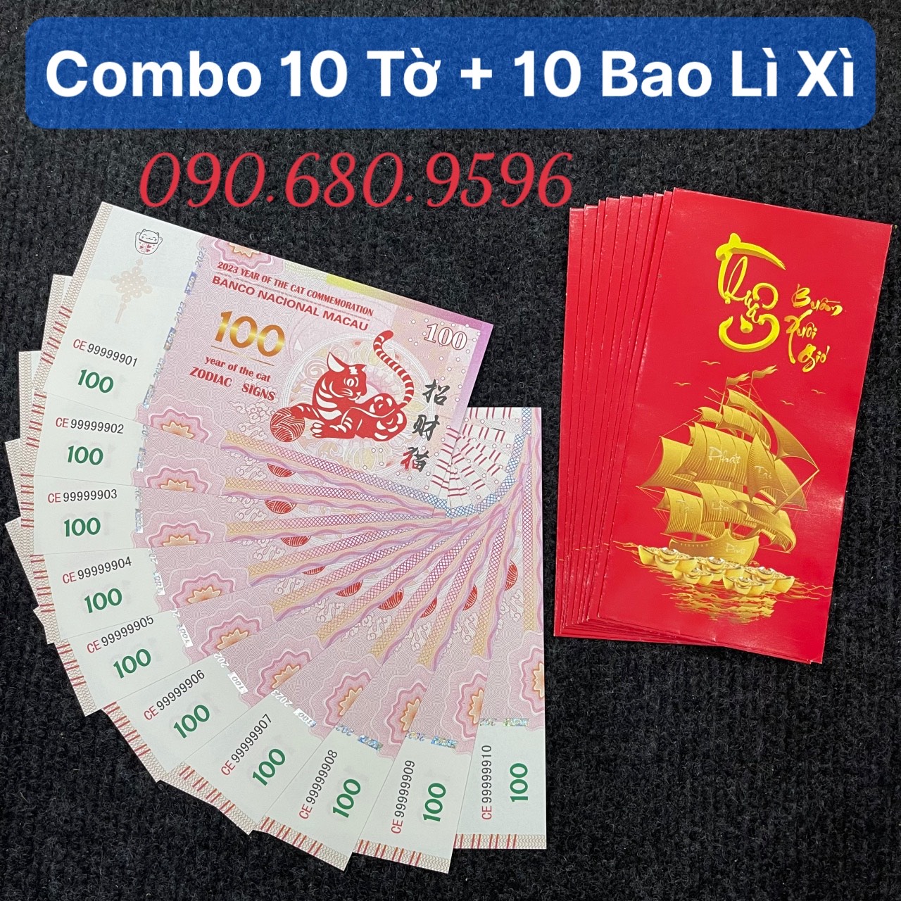 Combo 10 Tờ Tiền Con Mèo Macao 100 Kèm Bao Lì Xì Thuận Buồm Xuôi Gió