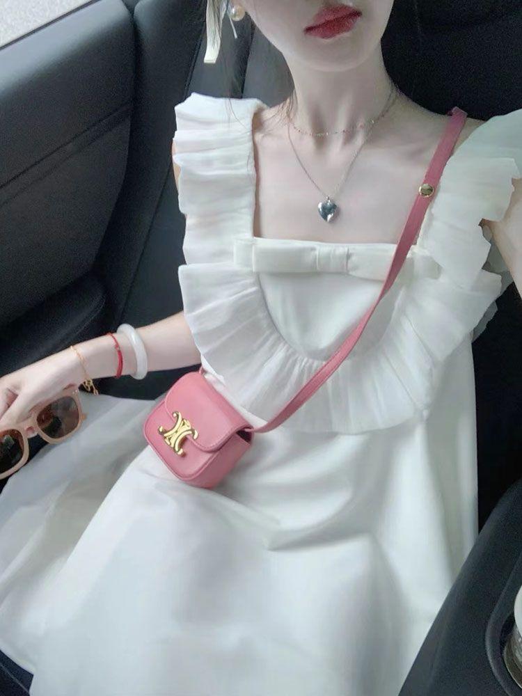 CHENGRUI Váy trắng nữ không tay viền lá sen Hàn Quốc rộng thùng thình, dịu dàng, phong cách ngọt ngào, váy công chúa mùa xuân và mùa hè.