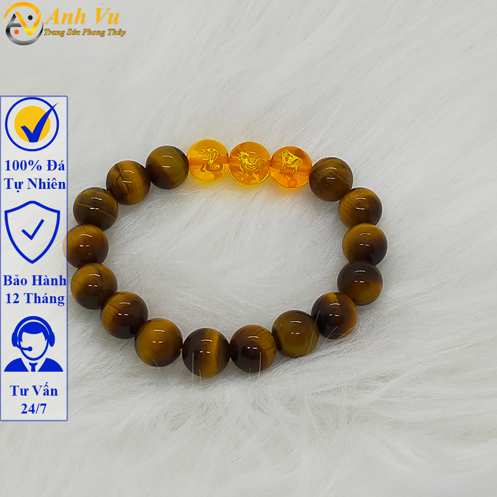 Vòng đá mắt hổ vàng nâu tự nhiên - Vòng tay tam hợp quý nhân tỵ dậu sửu - May mắn tài lộc