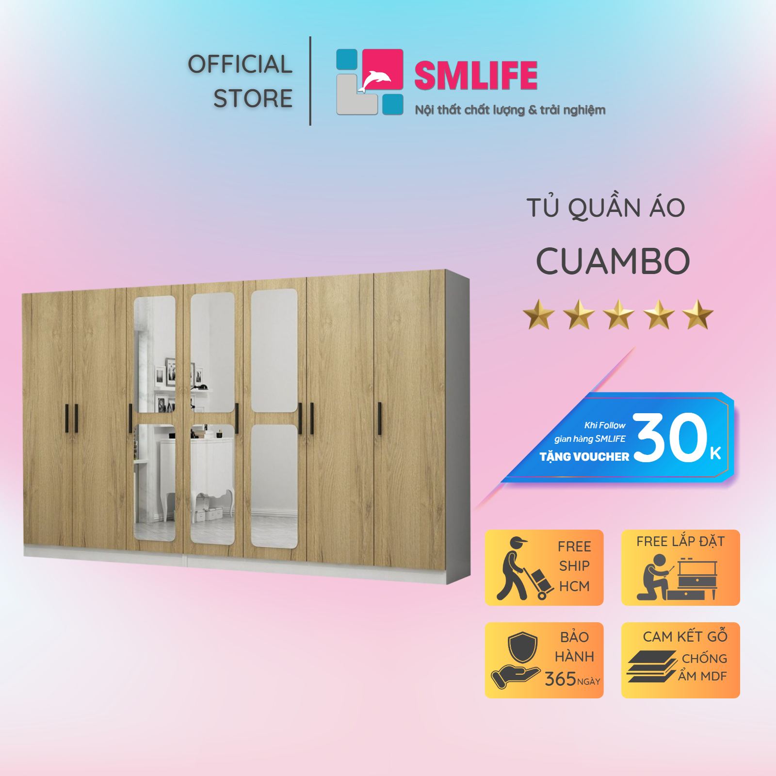 Tủ quần áo gỗ hiện đại SMLIFE Cuambo  | Gỗ MDF dày 17mm chống ẩm | D315xR52xC190cm