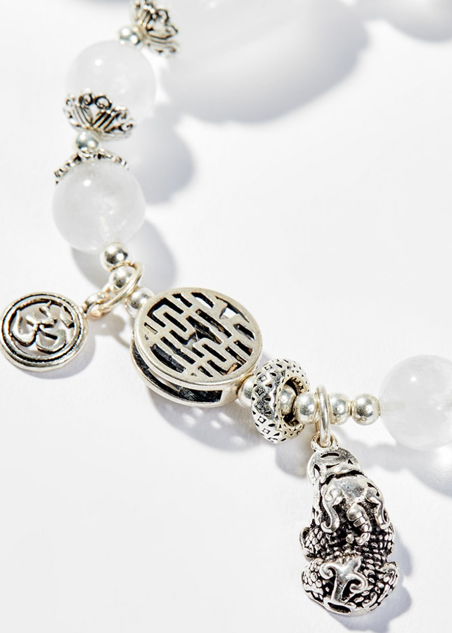 Vòng Tay Phong Thủy Nữ Đá Thạch Anh Ưu Linh Trắng Phối Charm Kỳ Lân Bạc Mệnh Kim, Thủy Ngọc Quý Gemstones