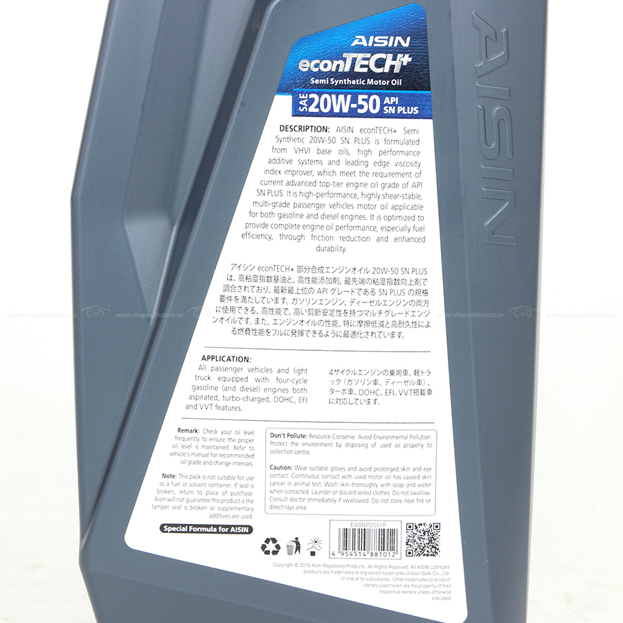 Nhớt Động Cơ AISIN ESSNP2051P 20W-50 SN Plus Econtech+ Semi Synthetic 1L