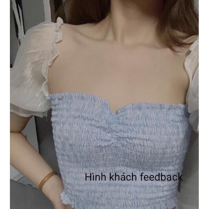 Áo croptop sọc nhún thun tay xốp FREESIZE