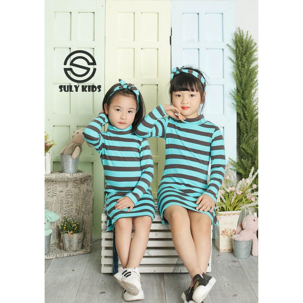 Váy Thu Đông Cho Bé Gái-Kẻ Xanh Đen Cotton-Kèm Nơ Buộc Tóc-Suly Kids Từ 6 Đến 18kg-Quần Ao Trẻ Em-Váy Cho Bé