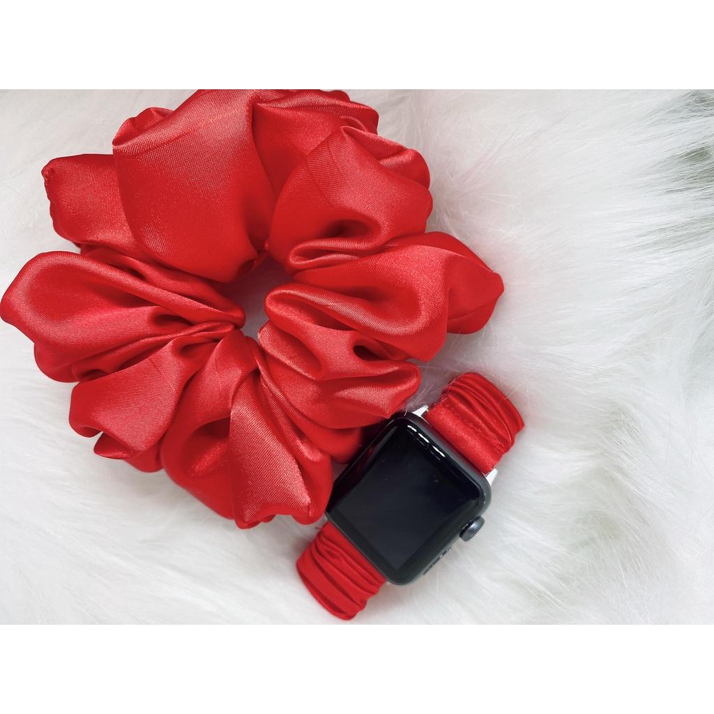 Combo dây đồng hồ apple watch và scrunchies dây cột tóc, buộc tóc vải satin lụa đỏ Noel