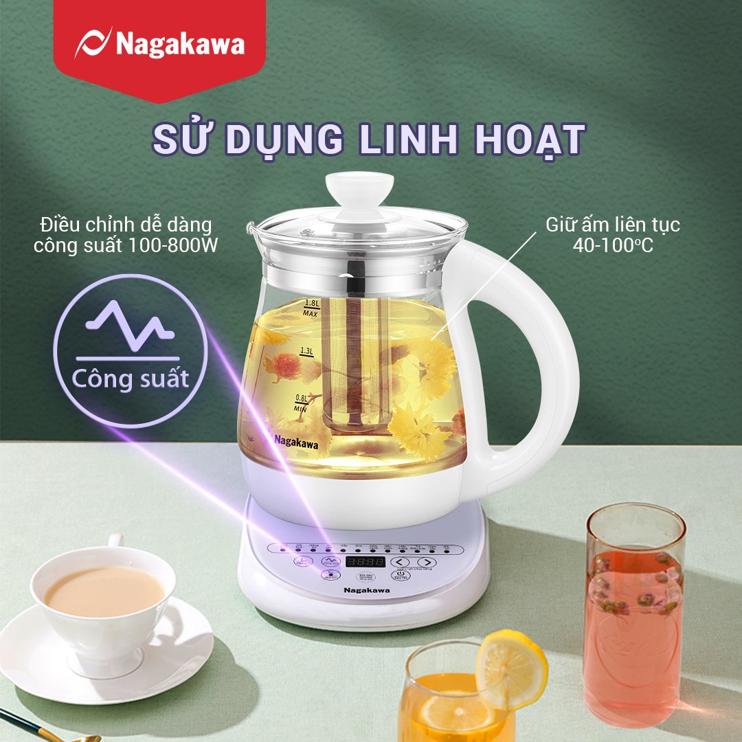 Ấm siêu tốc thủy tinh đa năng Nagakawa NAG0316 (1.8 Lít) - Hàng chính hãng