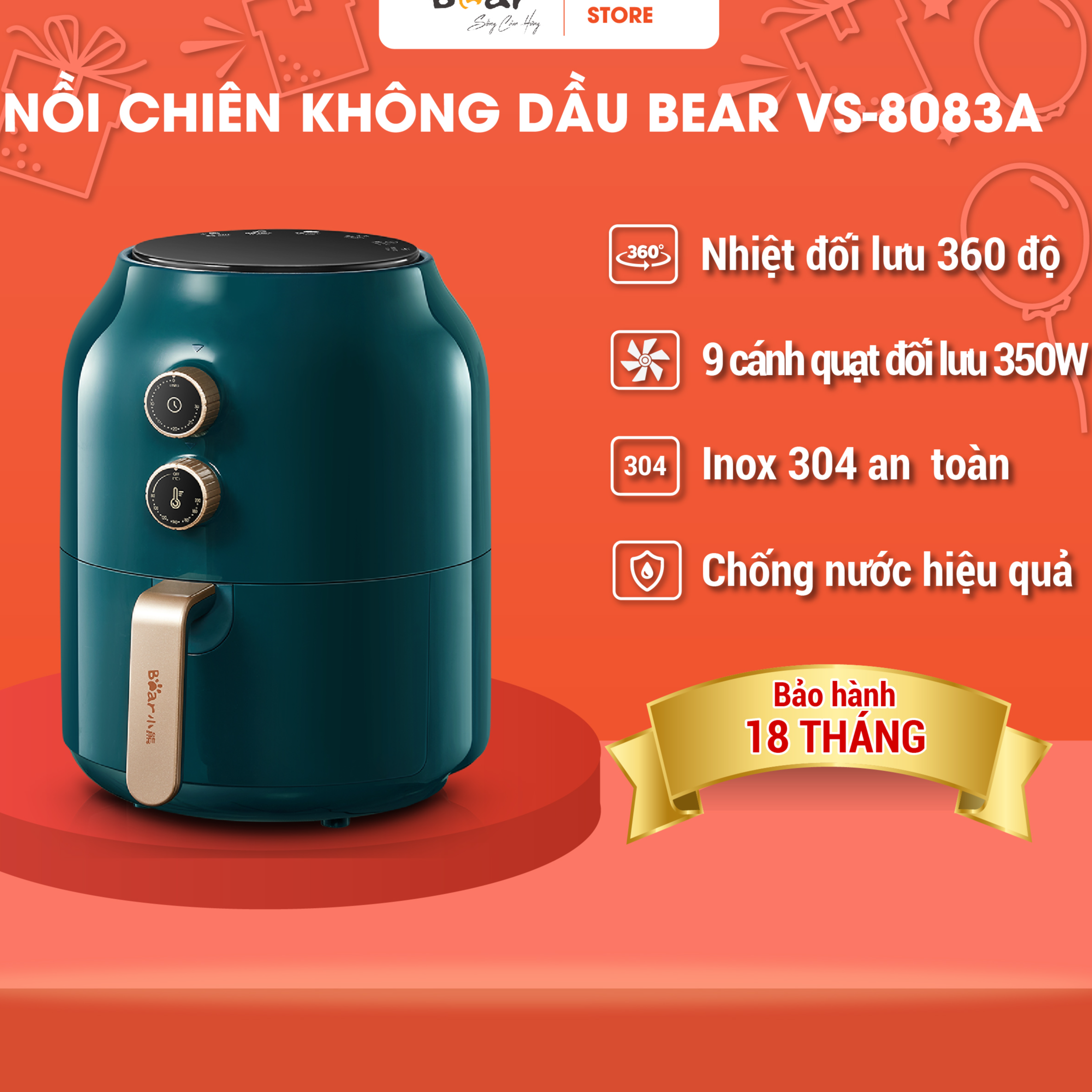 Nồi Chiên Không Dầu Bear VS-8083A Công Nghệ Nhiệt Đối Lưu 360 Độ Chiên, Lòng Nồi Tráng Men Chống Dính, Vỏ Nhựa Cao Cấp An Toàn - Hàng Chính Hãng