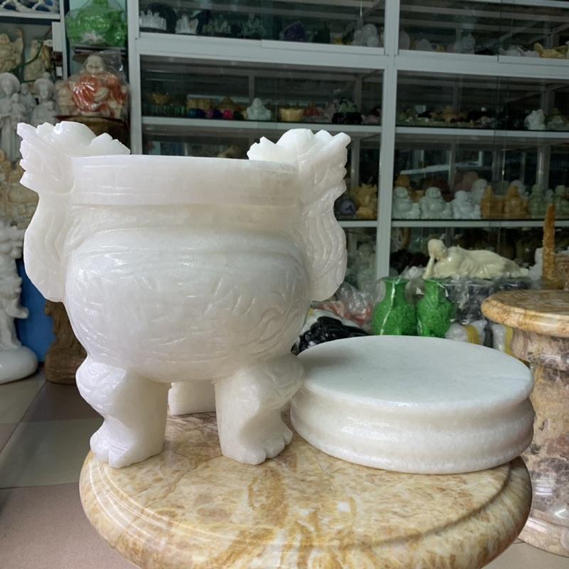 Lư hương, bát hương, bát nhang chạm rồng trang trí bàn thờ, mộ đá trắng - Cao 25cm