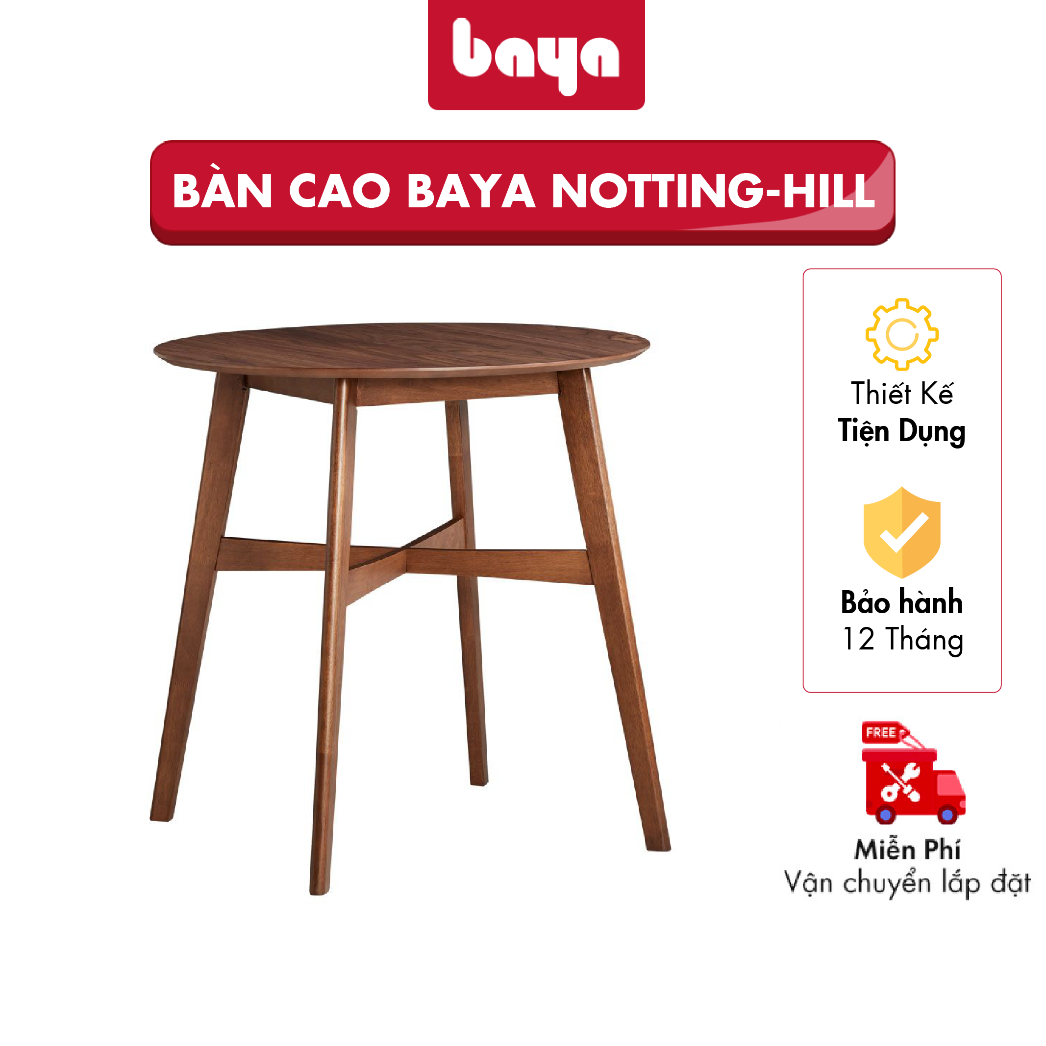 Bàn Gỗ Cao Hình Tròn Đa Năng BAYA NOTTING HILL Làm Từ Gỗ Sồi Và Gỗ Cao Su Bền Chắc Kiểu Dáng Hiện Đại, Trẻ Trung Cùng Màu