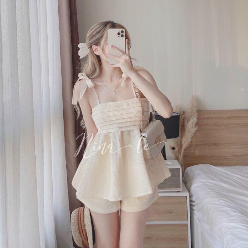 SET ÁO 2 DÂY  THẮT NƠ BABYDOLL PHỐI QUẦN NGẮN MÀU PASTEL